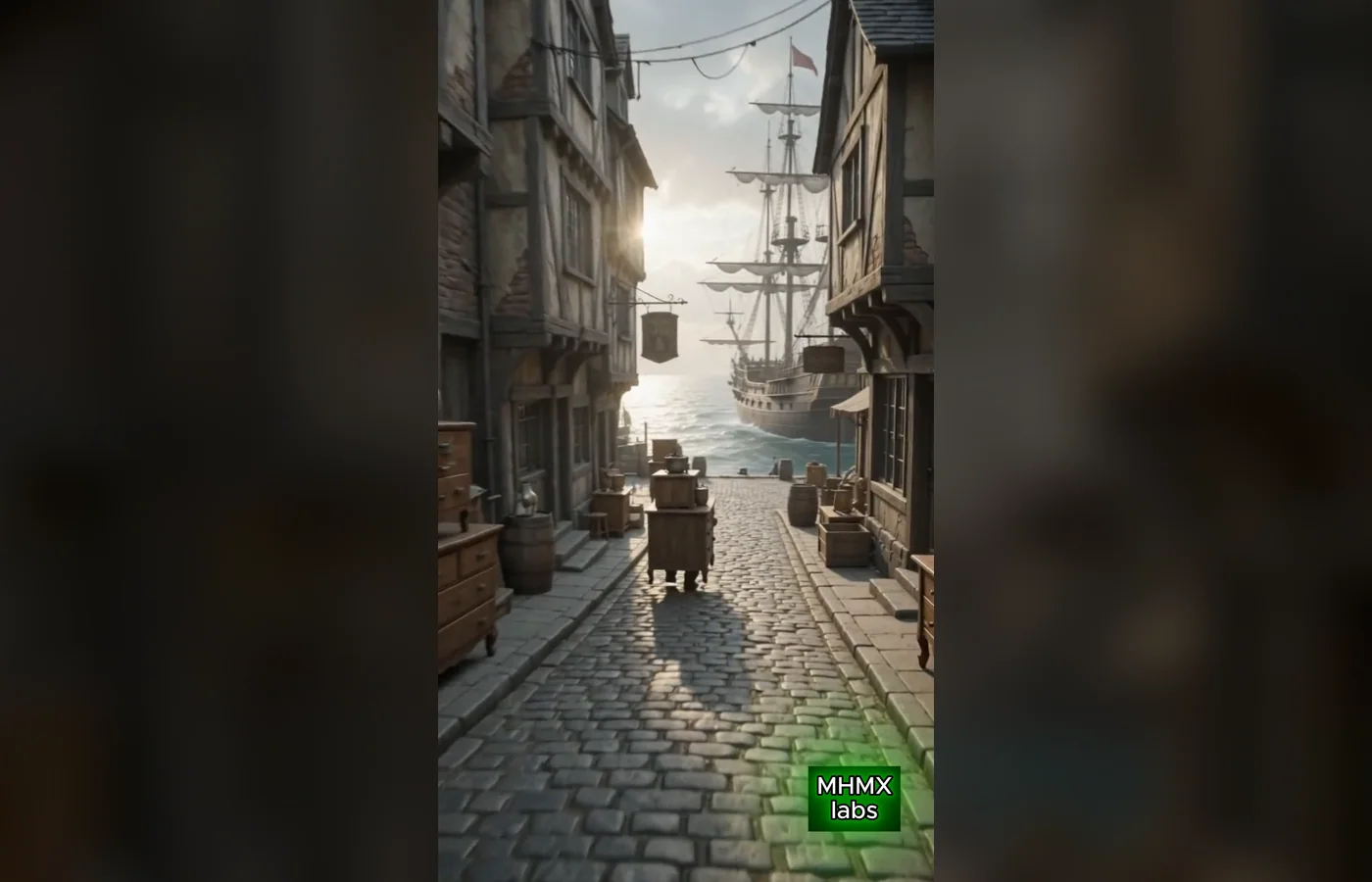 Cidade portuária fantástica apresentada no filme de abertura de Nameless