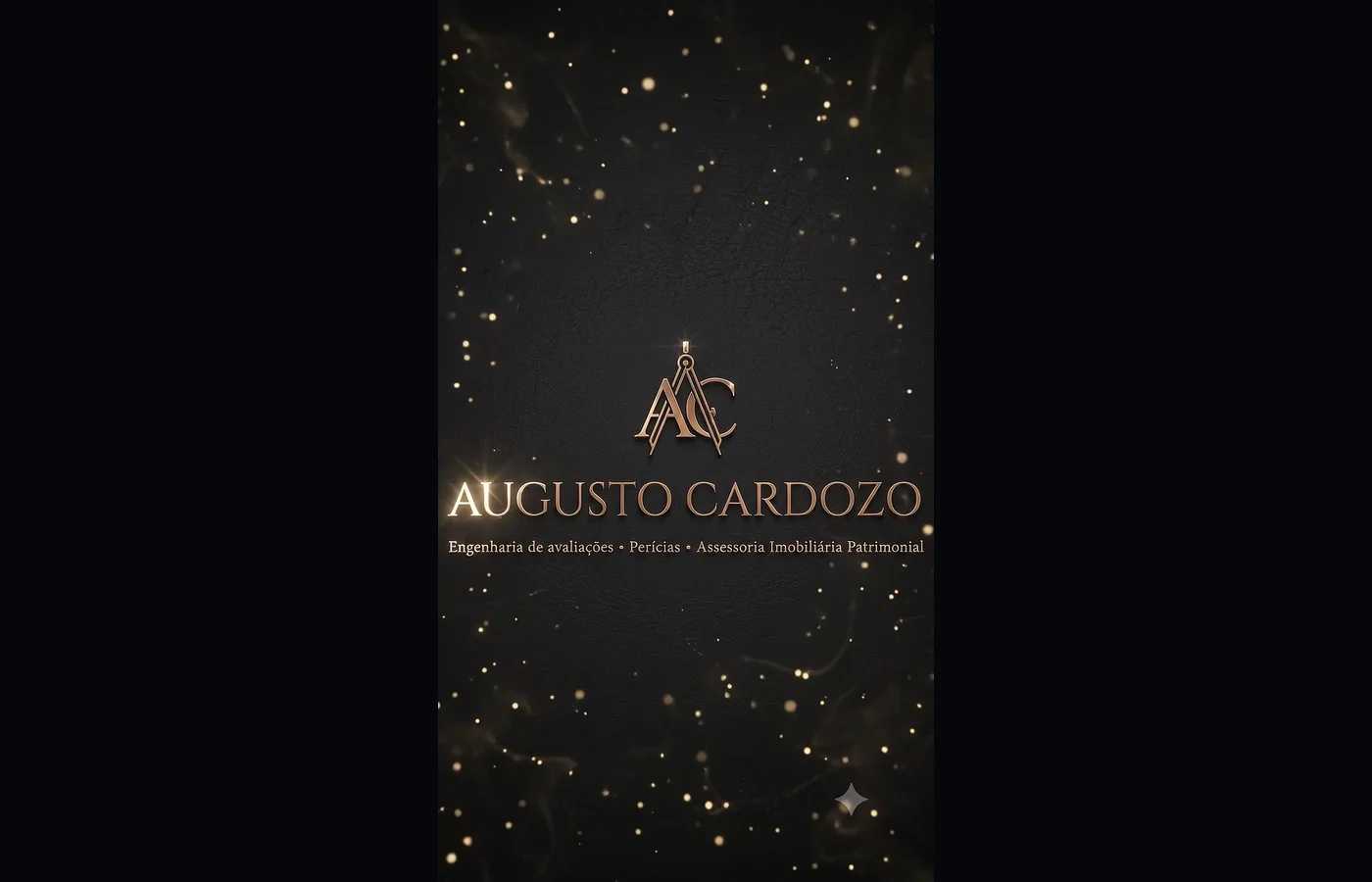 Assinatura dourada Augusto Cardozo formada por partículas sobre fundo escuro