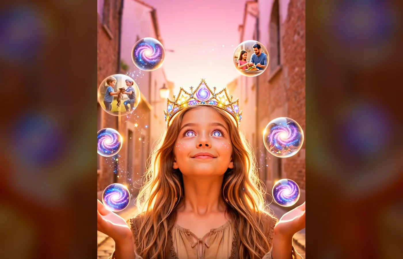 Personagem em uma paisagem dourada com elementos cósmicos no videoclipe Cosmic Goddess of Good