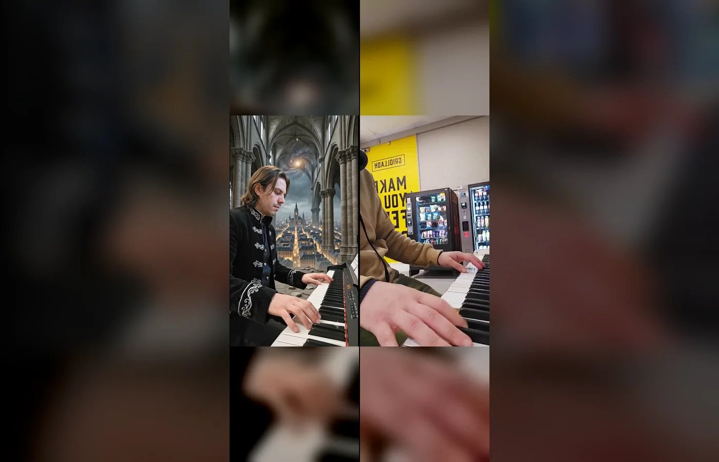 Performance de piano lado a lado entre a gravação original e um mundo criado com inteligência artificial